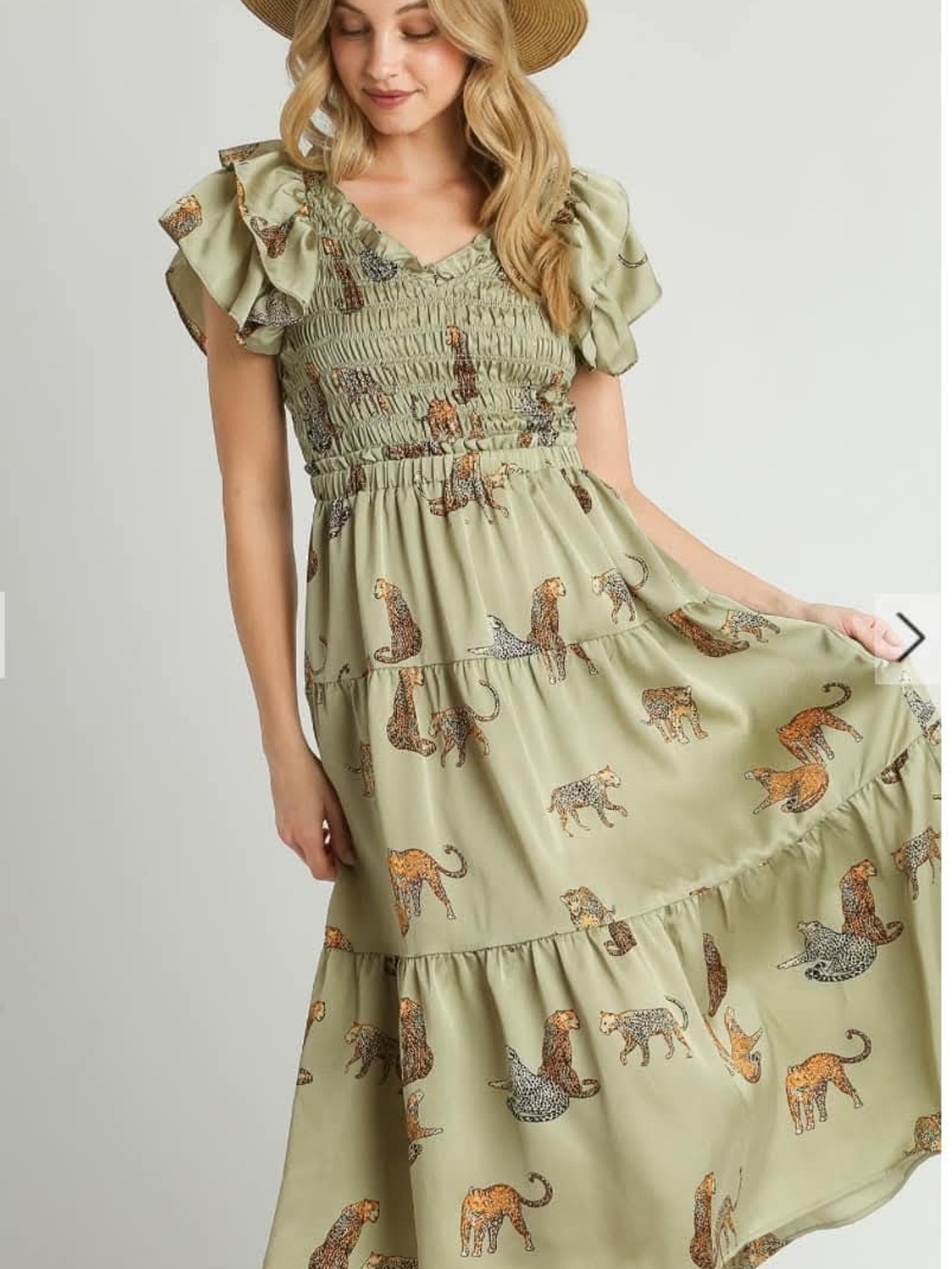 Umgee Size M Sage Green Midi Smocked Dress with Leopard Accent